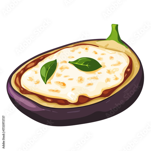 Minimal flat vector of a Eggplant Parmesan, 2D icon-style illustration on white background