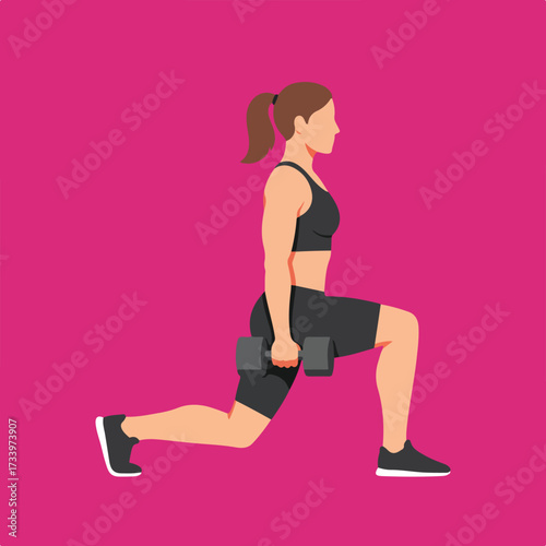 Woman performing a dumbbell lunge exercise, workout routine