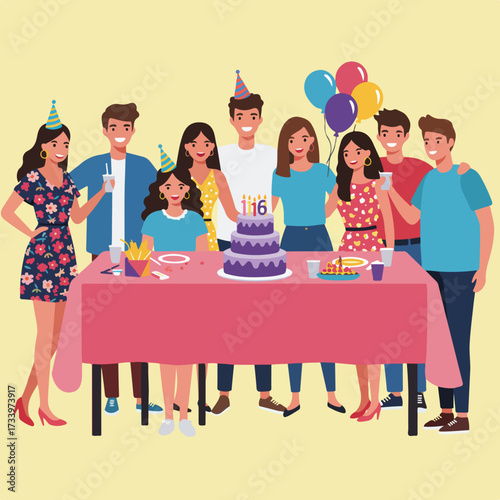 Group of friends celebrate a birthday with a cake and balloons