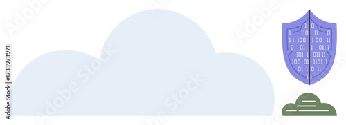 Cloud with protective shield displaying binary code, emphasizing cybersecurity. Ideal for technology, data privacy, protection, online safety, secure storage, IT solutions, simple flat metaphor