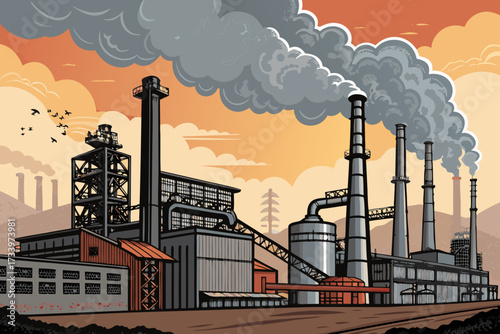 Depicting Steel Factory With Smoke Stacks Bold Indu Stunning Creative Visual