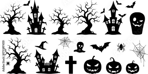 Halloween silhouette vector set featuring spooky trees, haunted houses, carved pumpkin faces, spider webs, bats, and pumpkin shapes. Ideal for Halloween party designs, banners, and decorations.