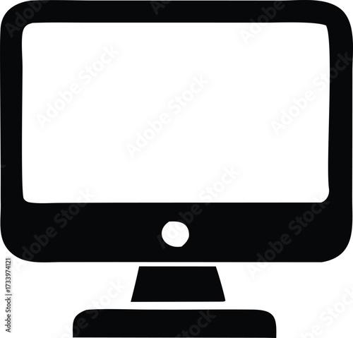 Simple black and white icon of a computer monitor screen displaying a blank screen on a stand