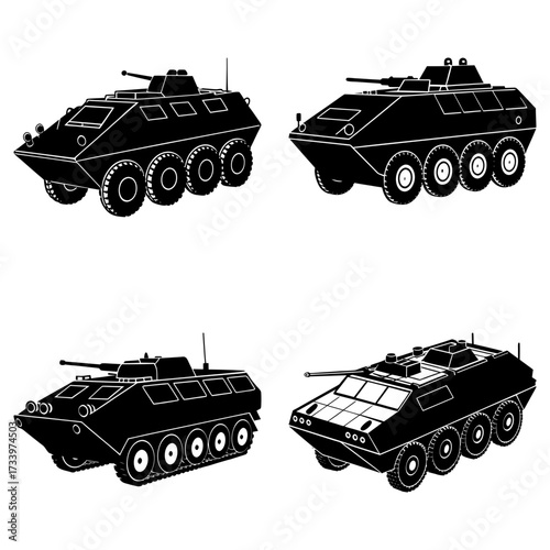 Four black and white illustrations of armored personnel carriers in different perspectives and orientations