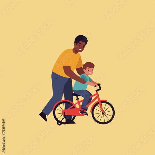 Father teaching son to ride bicycle
