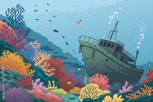 Beautiful Sunken Shipwreck With Corals Bold Underwa Creative Visual