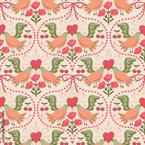Seamless romantic pattern with doves, hearts, roses, cherries, bows. Playful folk-art style print. Perfect for Valentine’s Day, weddings, cards, invitations, wrapping paper, fabrics, packaging.