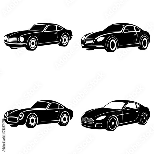 Illustration showing four black silhouette sports cars in different styles on a white background