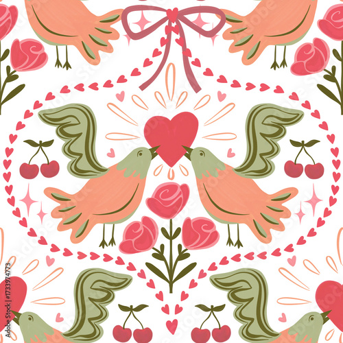 Seamless romantic pattern with doves, hearts, roses, cherries, bows. Playful folk-art style print. Perfect for Valentine’s Day, weddings, cards, invitations, wrapping paper, fabrics, packaging.