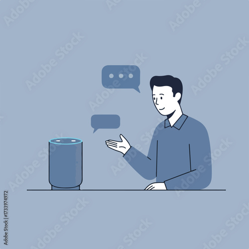 Man speaking to a smart device with speech bubbles