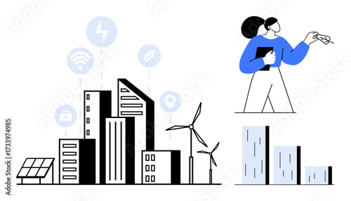 Urban skyline with solar panels, wind turbines, smart technology icons. Person analyzing data. Ideal for sustainability, renewable energy, smart city, innovation, technology urbanization clean