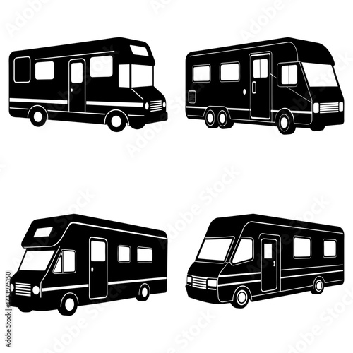 Illustration of four black and white rv vehicles in different styles and orientations on a white background