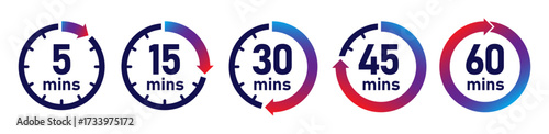 Minute timer icon set with 5, 15, 30, 45 and 60 minutes logo vector in red blue gradient