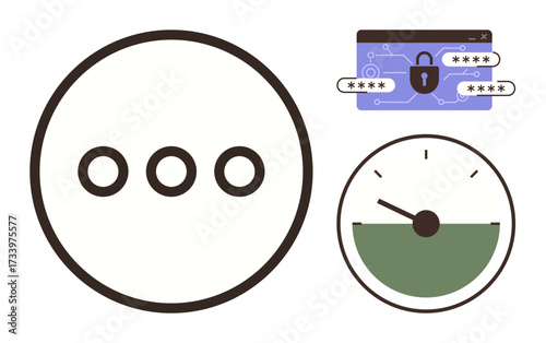 Three dots in a circle, browser with password and lock, progress gauge indicator. Ideal for security, encryption, progress, protection, login technology user interface. Simple flat metaphor