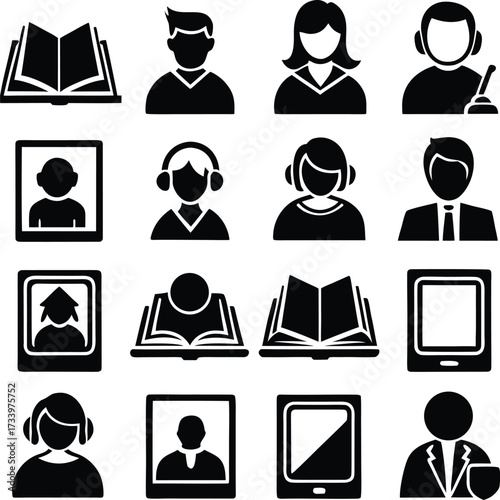 Collection of diverse people icons representing education technology and professionalism for digital content creation and design