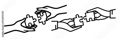 Vector art of hands assembling puzzle pieces, symbolizing teamwork, collaboration, and problemsolving