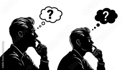 Vector art of two men thinking with question marks concept of doubt and uncertainty