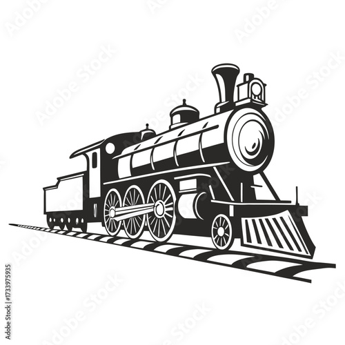 Black and white illustration of a classic steam locomotive with tender on railway lines steam train