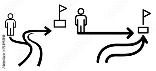 Vector art of two paths to reach the goal, representing choice, decision and strategy