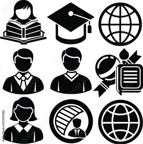 Collection of education and learning icons representing students graduation global knowledge and academic achievement for digital content creation