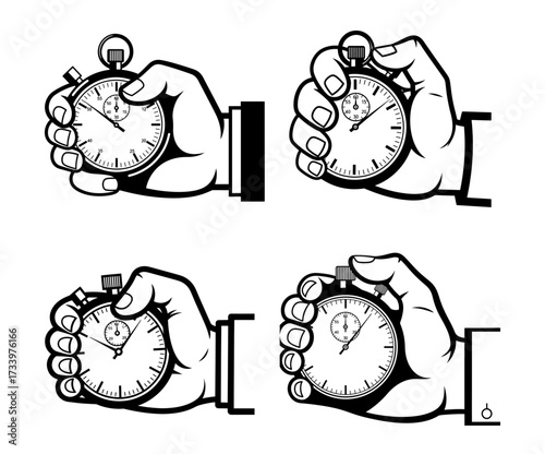 Illustration of a hand holding a stopwatch, representing time management, speed, and deadlines