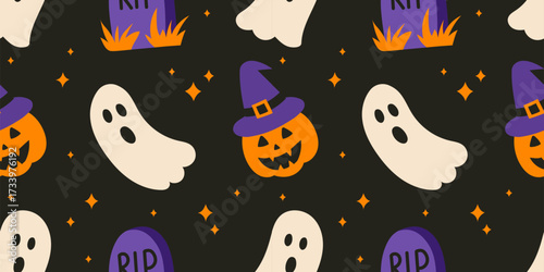 Halloween seamless pattern with pumpkin, ghosts and stars on black background. Bright seasonal background for party invitation, holiday greetings