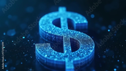 Digital dollar sign glittering on a dark surface highlighting financial technology