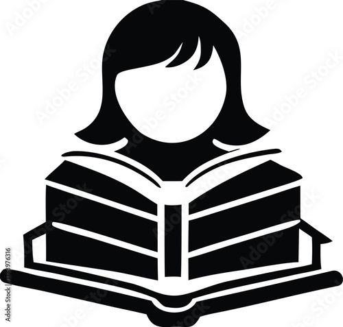 Silhouette of a person reading an open book symbolizing knowledge learning and education in a simple graphic design for academic or literary themes