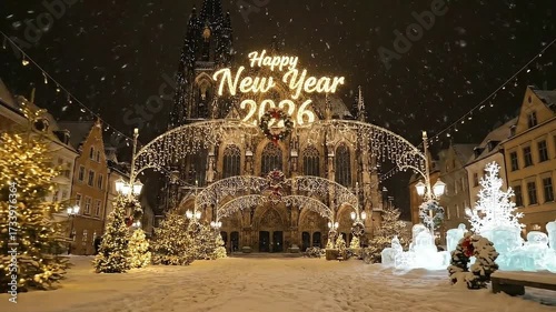 Magical Snowfall Illuminates Historic European Square During Festive New Year's Eve Celebration, Anticipating a Bright Future in 2026 with Dazzling Lights and Winter Cheer