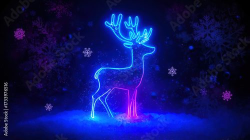 Glowing neon reindeer silhouette with falling snowflakes
