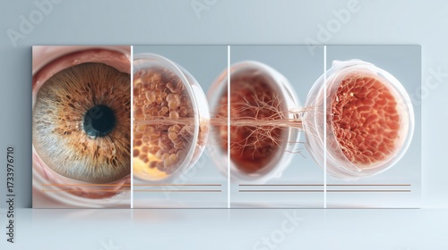 Diabetic Eye Disease Month. Ultra-realistic scientific visualization of diabetic retinopathy progression stages, infographic style with four panels, retina close-ups