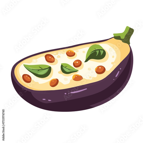 Eggplant Parmesan, flat style 2D vector image, isolated on a white background