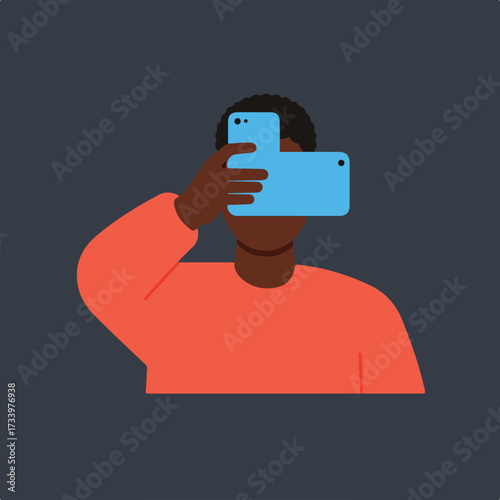 Person with brown skin in orange shirt holds up blue smartphone, obscuring face