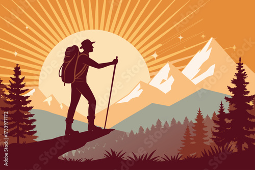 Showcasing Traveler Glowing With Hiking Stick Bold Beautiful Creative Visual