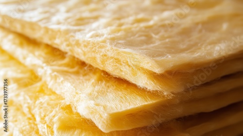A close -up stack of yellow fiberglass used for thermal insulation. The texture of the material with soft fibers is released against a light background