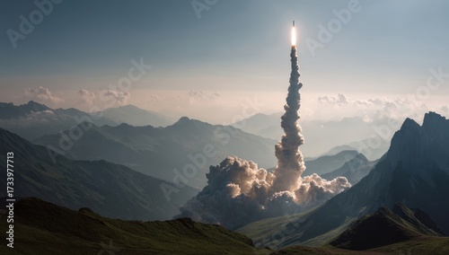 War missile launching into the sky, surrounded by majestic mountains, symbolizing power and conflict amidst an economic crisis, showcasing dramatic clouds and sunlight