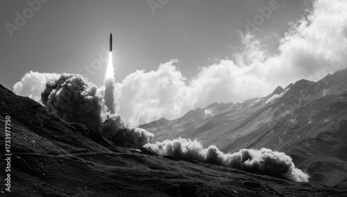 War missile.Missile launch against dramatic mountain backdrop, billowing smoke and clouds, symbolizing conflict and economic crisis, evoking tension and urgency in a stark monochrome setting