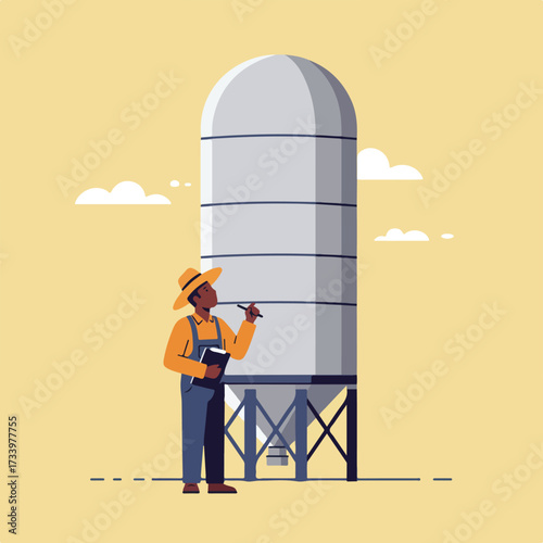 Farmer inspects silo, holding notepad and pen on a sunny day