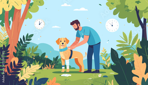 Man caring for dog outdoors illustration