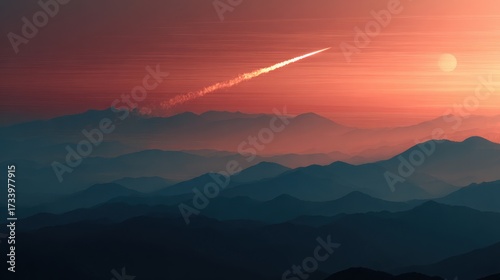 War missile soaring through the sky above layered mountain ranges during sunset, symbolizing economic crisis and global tension in a dramatic landscape