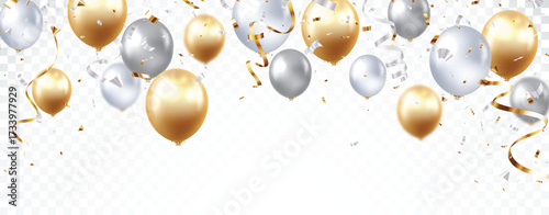 Gold and silver balloons with celebration confetti, banner design for happy Birthday greeting card, banner, and template backgrounds