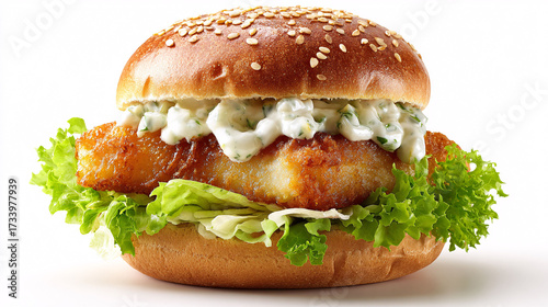 Crispy fried fish fillet burger with tartar sauce, lettuce and sesame bun, close-up studio shot