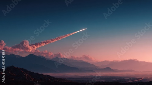 War missile soaring through the sky, leaving a trail of smoke against a backdrop of mountains and a colorful sunset, symbolizing conflict and economic crisis