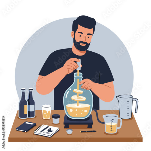 Man carefully measures liquid into a glass flask, surrounded by brewing equipment