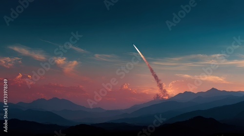 War missile launching into the sky over mountainous landscape, with dramatic clouds and sunset hues, symbolizing conflict and economic crisis in a powerful visual narrative
