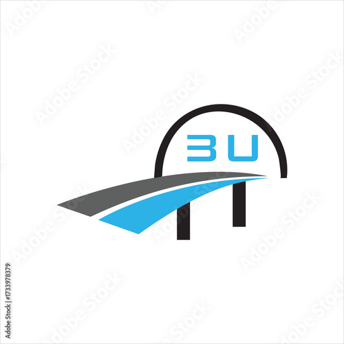 Modern bu monogram bridge logo with sweeping road and arch pillars
