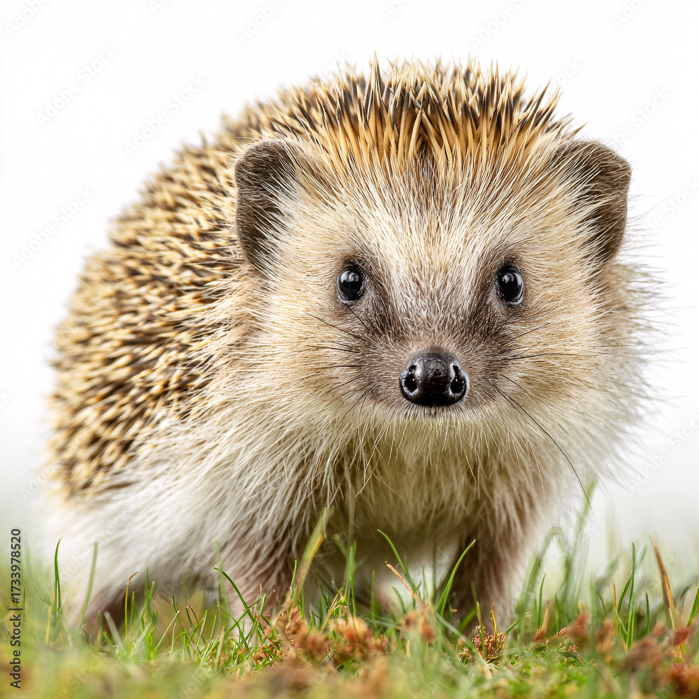 Fototapeta premium Adorable European hedgehog foraging in lush green grass, close-up wildlife portrait, natural light.