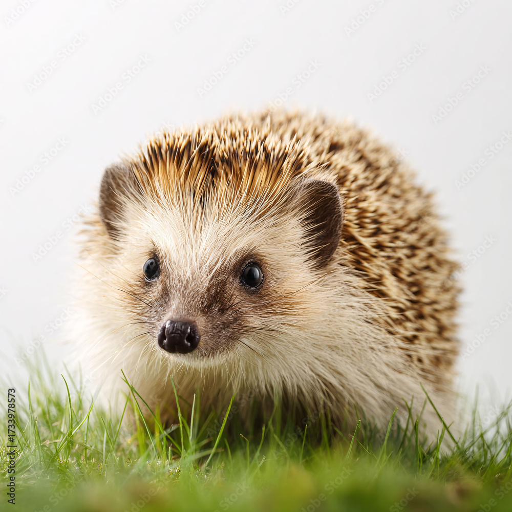 Fototapeta premium Adorable hedgehog portrait in lush green grass, cute wildlife photography, natural light, peaceful scene
