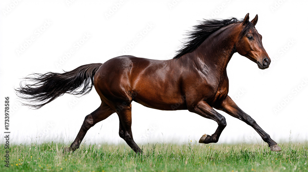 Obraz premium Majestic brown horse galloping freely across a lush green meadow, powerful equine movement.
