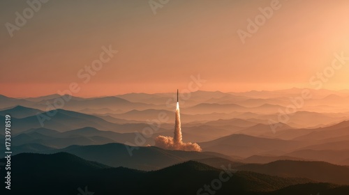 War missile launching into the sky over mountainous terrain, symbolizing conflict and economic crisis, with dramatic sunset colors illuminating the scene